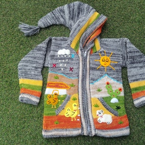 Peruvian kids wool Marbled sweater cardigan with Embroidered details Gray