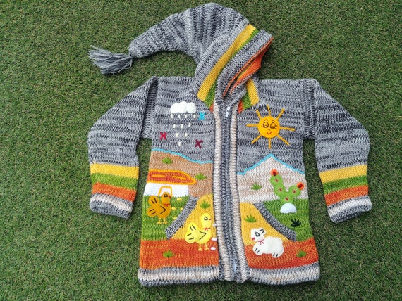 Peruvian kids wool Marbled sweater cardigan with Embroidered details Multicolor