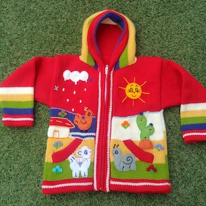 Peruvian kids wool sweater cardigan with Embroidered details Red