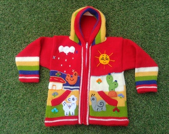 Peruvian kids wool sweater cardigan with Embroidered details Red