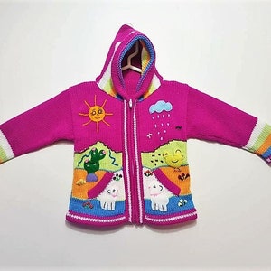 Peruvian kids wool sweater cardigan with Embroidered details Fucsia