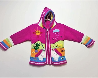 Peruvian kids wool sweater cardigan with Embroidered details Fucsia