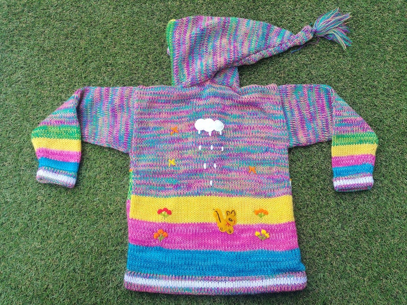 Peruvian kids wool Marbled sweater cardigan with Embroidered details Multicolor