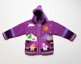 Peruvian kids wool sweater cardigan with Embroidered details Purple