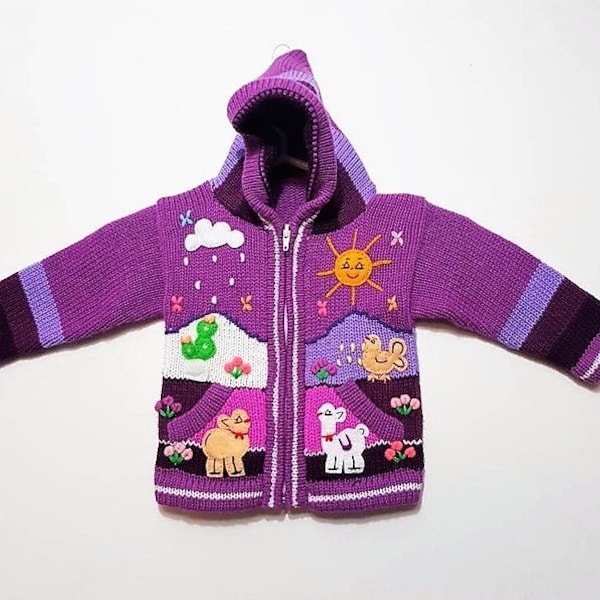 Peruvian kids wool sweater cardigan with Embroidered details Purple