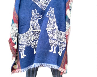 Blue alpaca poncho, Peruvian poncho, lla design pocho, mens cape