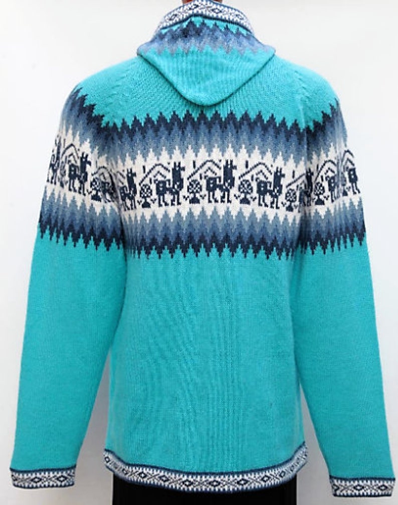 Hooded Alpaca Wool Knitted Jacket Hoodie Turquoise Sweater image 2