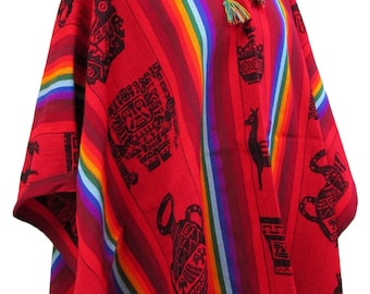 Peruanischer Poncho mit roten und regenbogenfarbenen Streifen, rustikaler Poncho, traditioneller peruanischer Wollmischungs-Poncho, Regenbogenfarben-Poncho, bunter Poncho