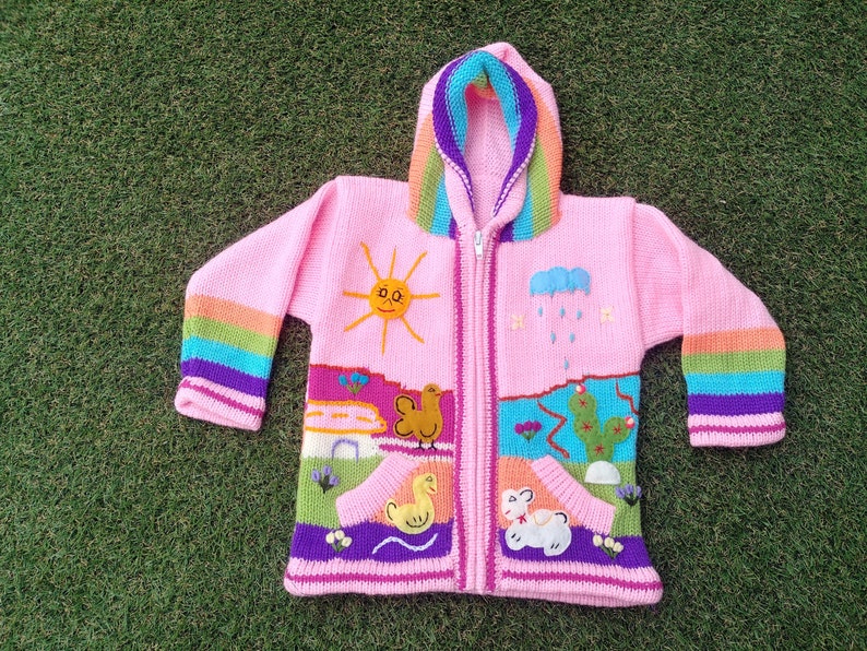 Peruvian kids wool sweater cardigan with Embroidered details Pink image 1