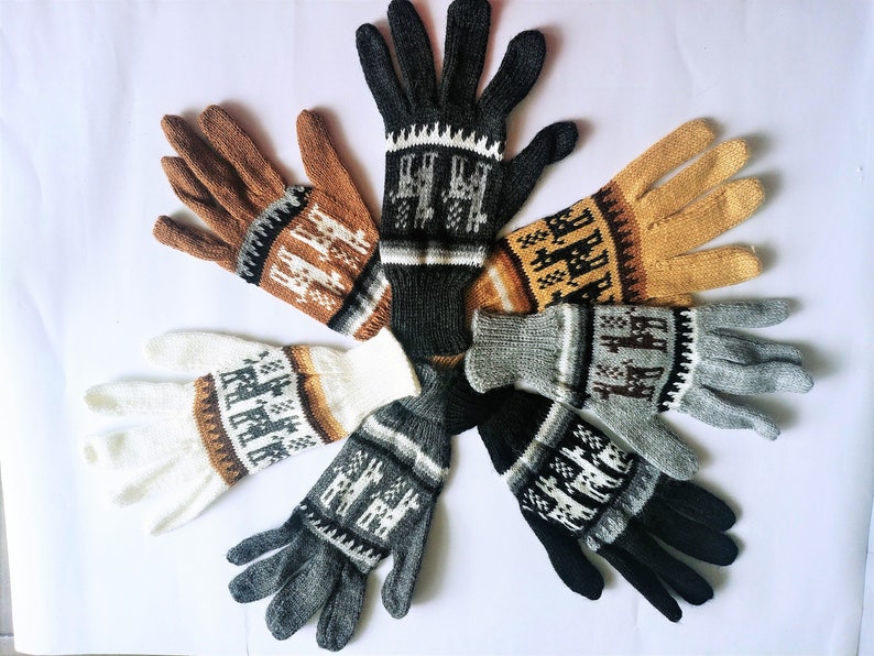 lot of 10 unisex peruvian alpaca gloves Light, warm, soft, delicate, ethnic llama design image 1