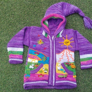Cardigan en laine marbré pour enfants péruvien avec détails brodés violet