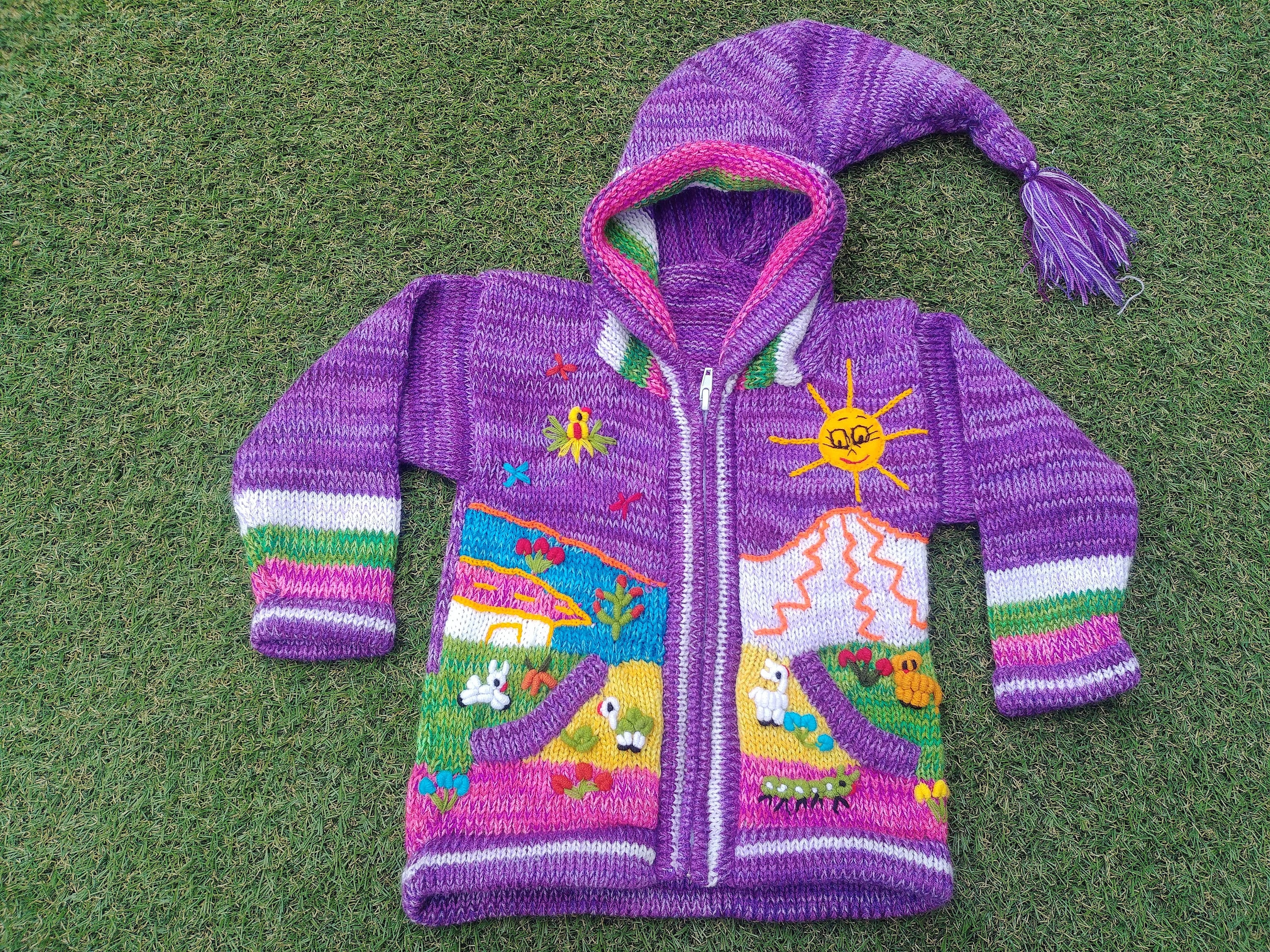 Peruvian kids wool Marbled sweater cardigan with Embroidered details Purple