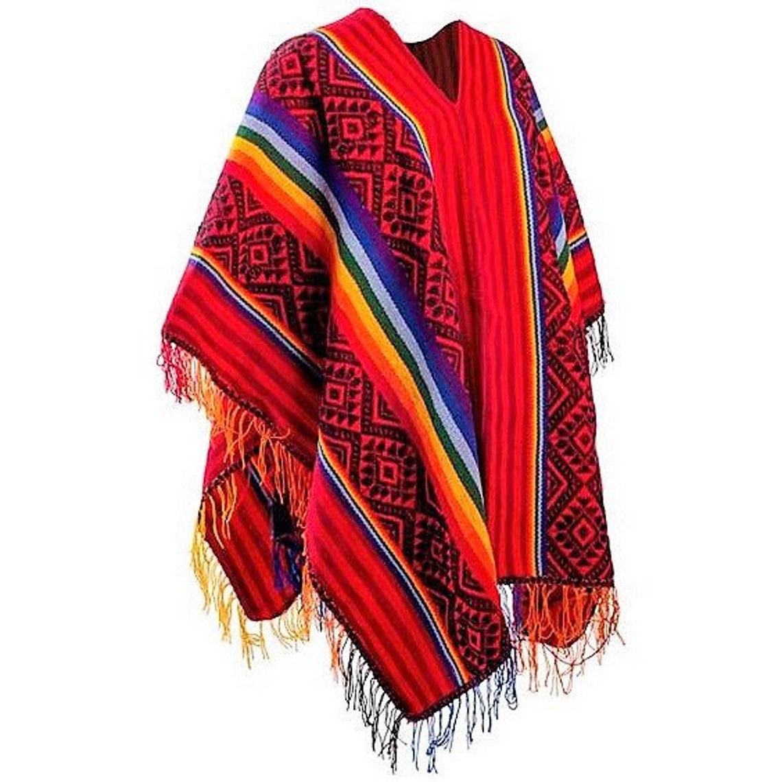 Red and Rainbow Stripes Peruvian Poncho Rustic Poncho | Etsy