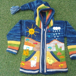 Peruvian kids wool Marbled sweater cardigan with Embroidered details Blue