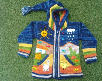 Peruvian kids wool Marbled sweater cardigan with Embroidered details Blue