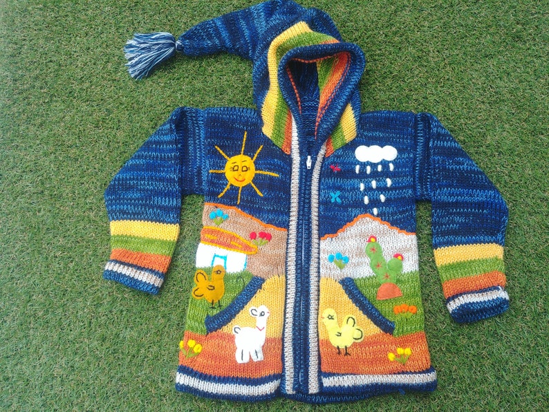 Peruvian kids wool Marbled sweater cardigan with Embroidered details Blue image 1