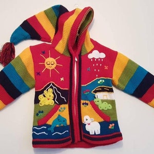 Peruvian kids wool sweater cardigan with Embroidered details Red