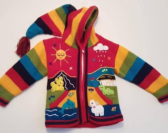 Peruvian kids wool sweater cardigan with Embroidered details Red