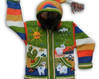 Peruvian kids wool sweater cardigan with Embroidered details Green