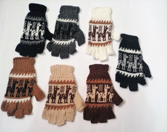 Fingerlose Unisex-Handschuhe aus peruanischem Alpaka. Leichte, warme, weiche, zarte Fäustlinge mit ethnischem Lama-Design und natürlichen Farben