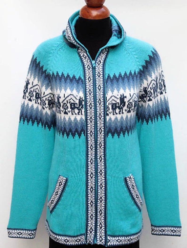 Hooded Alpaca Wool Knitted Jacket Hoodie Turquoise Sweater image 1