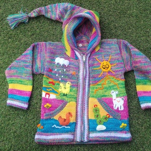 Peruvian kids wool Marbled sweater cardigan with Embroidered details Multicolor
