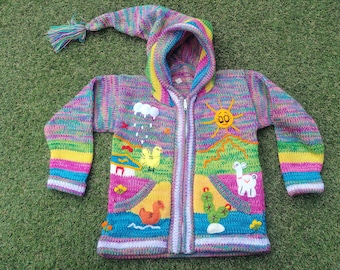 Cardigan maglione marmorizzato in lana peruviana per bambini con dettagli ricamati multicolori