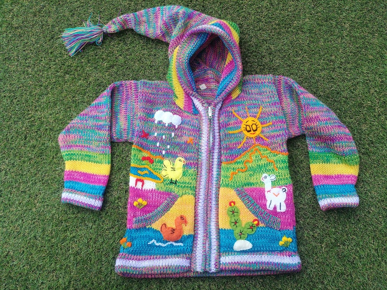 Peruvian kids wool Marbled sweater cardigan with Embroidered details Multicolor