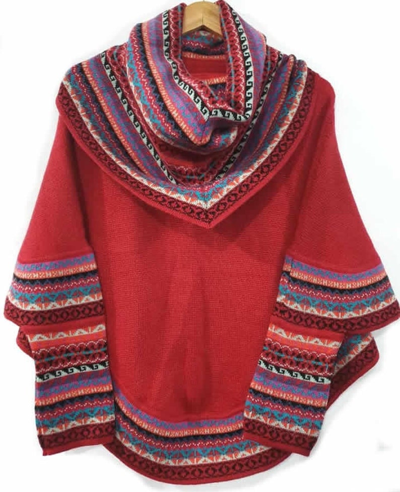 luxuriöses Damen Superfine Alpaka Wolle Poncho Cape mit Ärmeln Rot