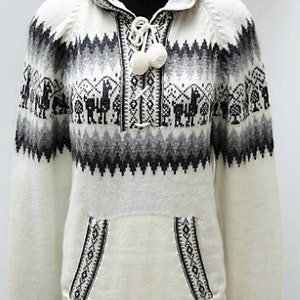 Hooded Alpaca Wool Knitted Jacket Hoodie White Sweater Llama Design - Etsy