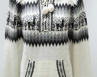 Hooded Alpaca Wool Knitted Jacket Hoodie white  Sweater  llama design