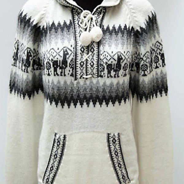 Veste à capuchon Alpaca Wool Knitted Jacket Hoodie white Sweater lama design