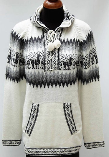 Hooded Alpaca Wool Knitted Jacket Hoodie white Sweater llama | Etsy