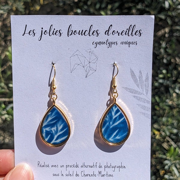 Boucles d'oreilles en gouttes d'eau, cyanotypes, flou de cerfeuil