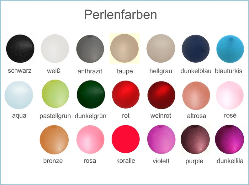 May include: Chart of 18 different colored round beads, with the German word for each color written below the bead.