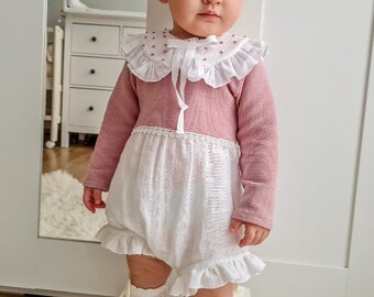 Baby girl romper retro, long sleeve baby romper with ruffle, baby girl Bloomer, handmade Easter baby romper with collar embroidery