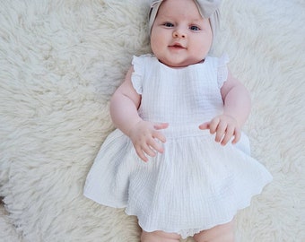 Organic baby clothes, Muslin ruffle girl dress with Bloomers, Handmade summer Cottagecore baby girl dress, newborn girl coming home outfit