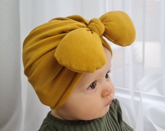 Baby soft turban with 3D bow for newborn photo shoots, Baby beanie hat, home outfit baby girl, handmade baby birthday outfit, baby headwrap