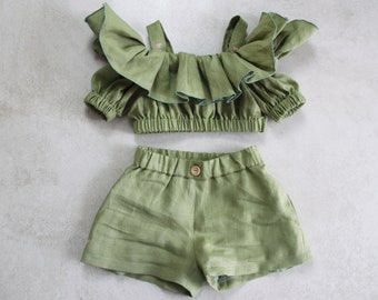 Baby girl Linen shorts and Ruffled top with embroidery / Summer cute Baby Outfit / Organic baby clothes, Handmade Baby Set Shorts ruffle top