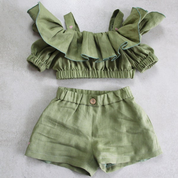 Baby girl Linen shorts and Ruffled top with embroidery / Summer cute Baby Outfit / Organic baby clothes, Handmade Baby Set Shorts ruffle top