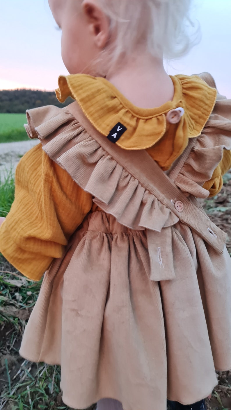 Handmade Corduroy baby ruffle sundress, baby girl autumn dress with ruffle straps, ruffle baby dress with Bloomers, coming home outfit baby image 4