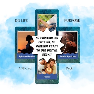 May include: A 78-card digital deck featuring blue-toned borders and various photographic inserts. Text on the cards includes DD LIFE, PURPOSE, A 78 CARD, DECK, SPIRITUAL LEADER, PUBLIC SPEAKING, FAMILY, and NO PRINTING, NO CUTTING, NO WAITING! READY TO USE.