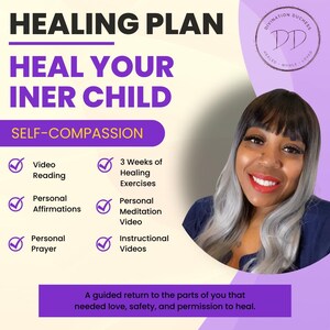 May include: A promotional graphic with the text "HEALING PLAN" and "HEAL YOUR INNER CHILD." The graphic includes a photo of a woman and lists services such as video readings, affirmations, and healing exercises. The graphic is purple, white, and black.