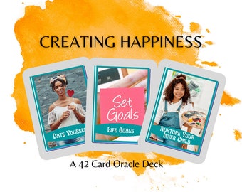Op de afbeelding: Een 42-kaarts orakeldeck met een aquarel achtergrond. De kaarten bevatten afbeeldingen van mensen en tekst. De tekst op de kaarten omvat "Date Yourself", "Set Goals" en "Nurture Your Inner Child".