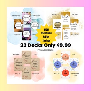 Pacote com 32 baralhos de cartas - Cartas de oráculo para impressão - Cartas de tarô para impressão - Baralhos de cartas para impressão - Baralho de tarô - Baralho de oráculo - Pacote de oráculo