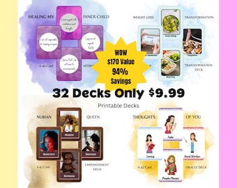 以下が含まれることがあります： 「32 Decks Only $9.99」というテキストと、32種類の異なる印刷可能なアファメーションカードデッキの画像が描かれたカラフルなグラフィック。デッキは、「ヒーリングマイインナーチャイルド」、「ウェイトロス」、「トランスフォーメーション」、「ヌビアン」、「クイーン」、「ソート」、「オブユー」、「エンパワメント」などのカテゴリーに分類されています。