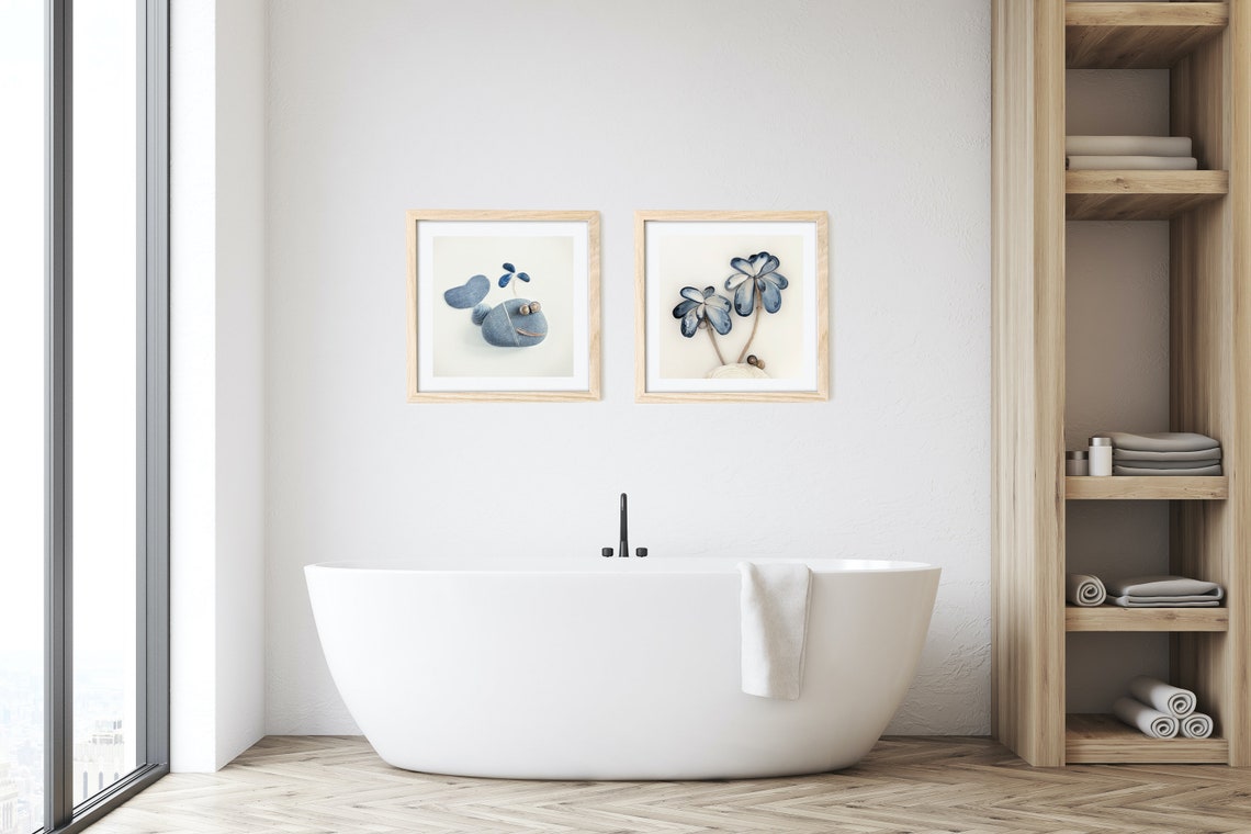 Set of 2 Original Bathroom Art Blue Bathroom Wall Art Etsy UK