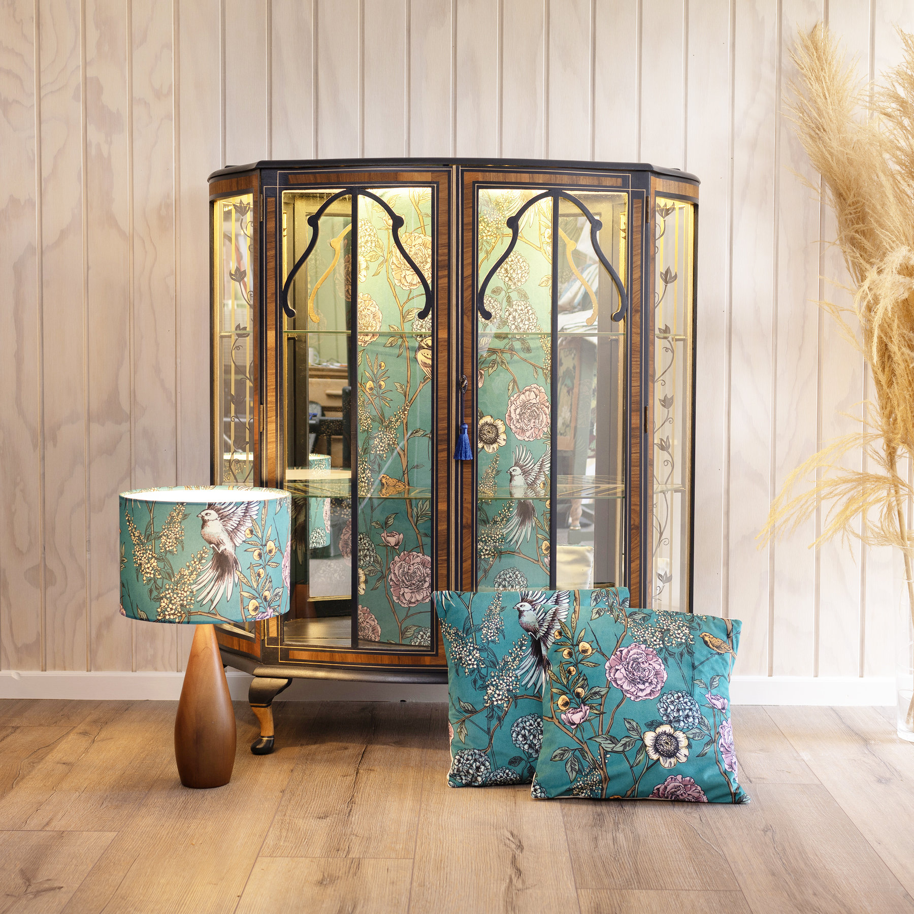 Art Deco Drinks Cabinet Decoupaged With Birds of Paradise Velvet in a Striking Combination of Pink and Teal. Sold Commission Available. Etsy