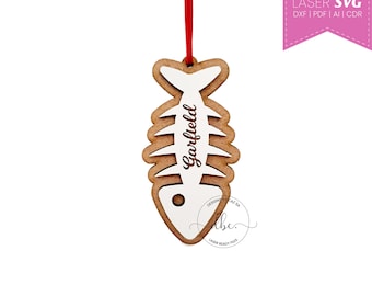 Cat fish bone ornament for christmas, Dog paw ornament, Laser ready files, SVG