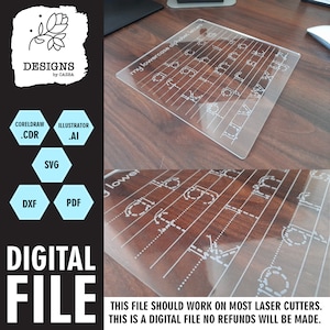 Puede incluir: Un archivo digital para una cortadora láser para crear una plantilla de trazado para letras minúsculas. El archivo incluye el texto "my lowercase alphabet letters".